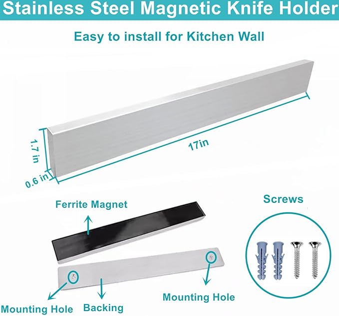 Magnetic Knife Holder for Wall, Knife Magnetic Strip Magnetic Knife Holder for Refrigerator Mount Knife Rack Kitchen Utensil Holder Metal Tool Holder Knife Block Kitchen Organizers Accessories 17 Inch