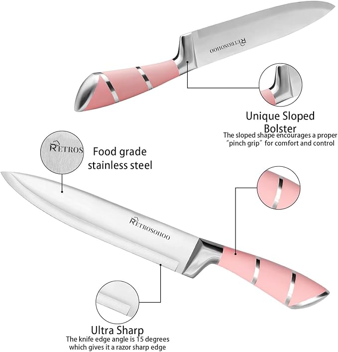 Kitchen Knife Set, Retrosohoo 9-Pieces Pink Sharp Non-Stick Coated Chef Knives Block Set,Stainless Steel Knife Set for Kitchen with Sharpener for Cutting Slicing Dicing Chopping (Pink)