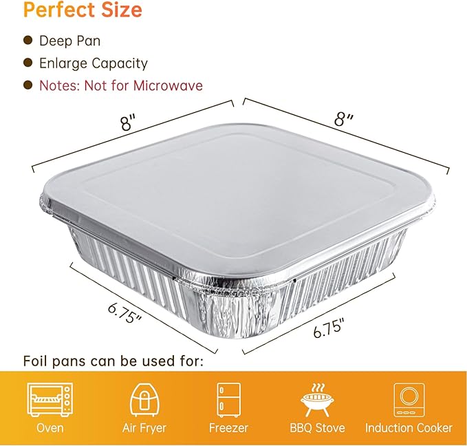 8x8 Aluminum Pans with Lids - 50 Pack Disposable Baking Pans, Tin Foil Pans with Lids for Holiday Cooking, Christmas, Parties Meal Prep, Storage, Heating and Baking