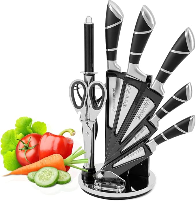 Kitchen Knife Set, 9-Piece Black Kitchen Knife Set with Acrylic Block, Non Stick Sharp High Carbon Stainless Steel Knife Set for Kitchen Cutting Meat Slicing Chopping Kitchen Women Gifts