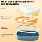 Lunch Bento Box Set - 3 Compartment Containers for Kids and Adults,lunch box for women with Thermo Lunch Bag, Leak-Proof and BPA-Free - Built-in Utensil Set,Sauce - Dishwasher Safe-Blue
