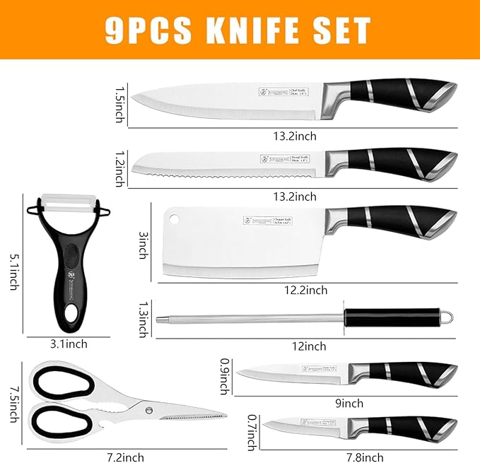 Kitchen Knife Set, 9-Piece Black Kitchen Knife Set with Acrylic Block, Non Stick Sharp High Carbon Stainless Steel Knife Set for Kitchen Cutting Meat Slicing Chopping Kitchen Women Gifts