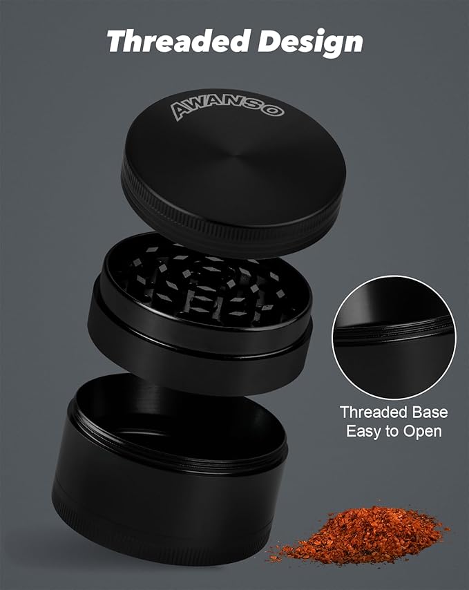 2" Grinder, Screen-Free, 3-Piece 4-Part Design, Zinc Alloy Grinder for Kitchen Spice, Black