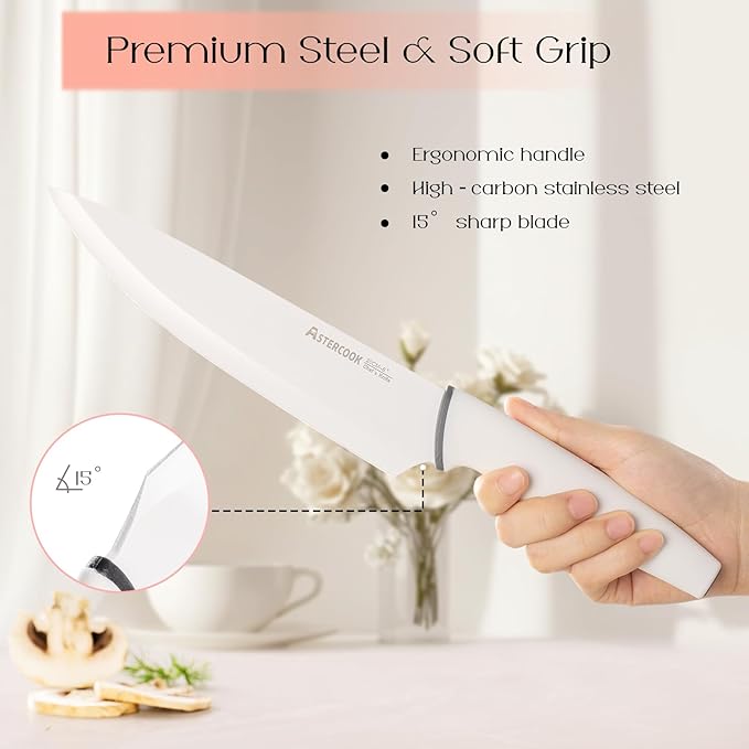 Astercook Knife Set with Block and Sharpener, 22 Piece Kitchen Knife Set Dishwasher Safe, Space-Saving Clear Knife Block with Knives for Everyday Home Cooking White