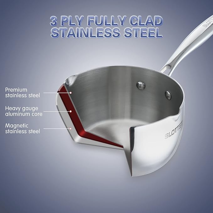 SLOTTET Tri-Ply Whole-Clad Stainless Steel Sauce Pan with Pour Spout,1.5 Quart Small Multipurpose Pasta Pot with Strainer Glass Lid, Saucepan for Cooking with Stay-cool Handle.