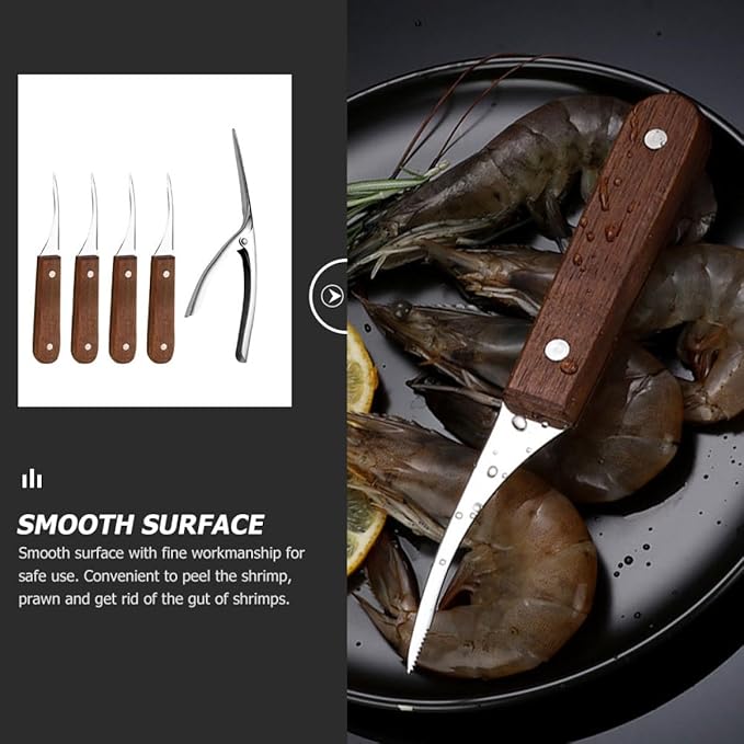 BESPORTBLE Stainless Steel Shrimp Peeler and Deveiner Set with Wood Handles 4 Shrimp Knives and 1 Shell Clipper Seafood Tool and Deveining Kitchen Specialty Gadgets 5pcs