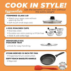 Eggssentials 2 IN 1 Egg Pan & Egg Poacher Pan, Granite Nonstick Fry Pan Poached Egg Maker and Frying Skillet with Lid, Poached Eggs Cooker Food Grade Safe PFOA Free with Spatula, Egg Cookware - 4 Cups