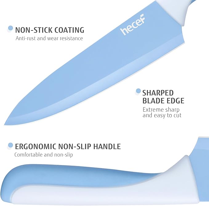hecef 15 Pieces Kitchen Knife Set with Built-in Sharpening Wooden Block, Dishwasher Safe, High Carbon Stainless Steel Knife Block Set with Steak Knives, Kitchen Scissors, Blue