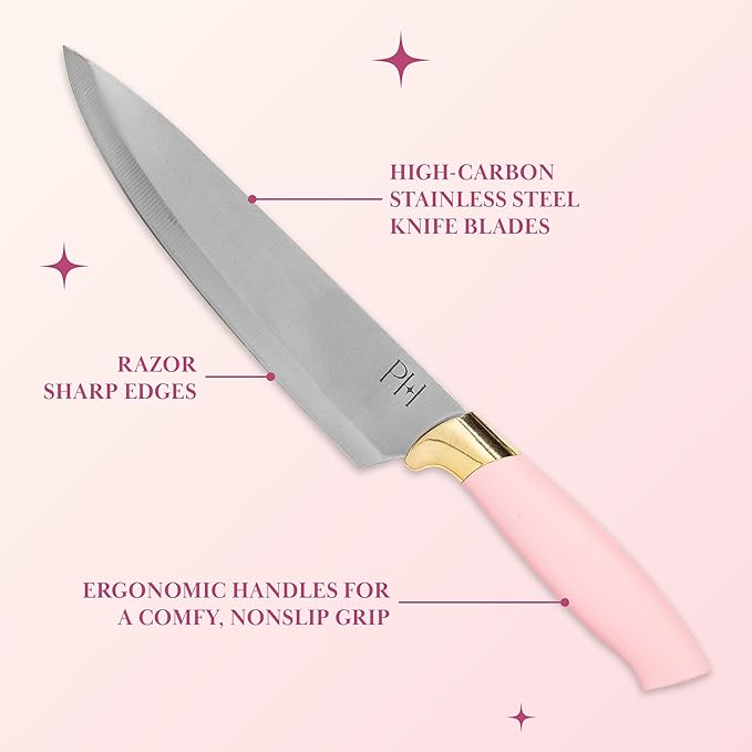 Paris Hilton 12-Piece Knife Set with Block, High-Carbon Stainless Steel Cutlery, Precision Blades and Ergonomic Handles, Pink