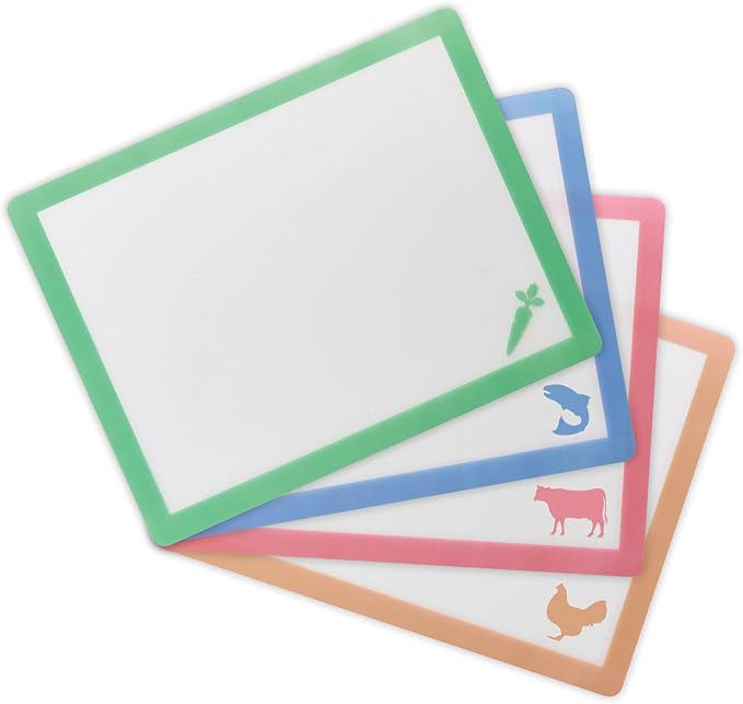HIC Kitchen Flexible Cutting Board Mat Set, Color-Coded with Icons, Food-Grade Nonporous BPA-Free Plastic, Set of 4