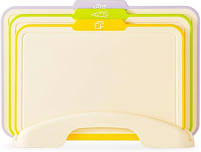 Cutting Boards for Kitchen, Plastic Cutting Board Set of 3,Colorful Chopping Boards With Storage Stand,Food Icon,Non-Slip, Meat Cutting Board For Kitchen,Dishwasher Safe （13.3"X 9.8" X 2.3" ）