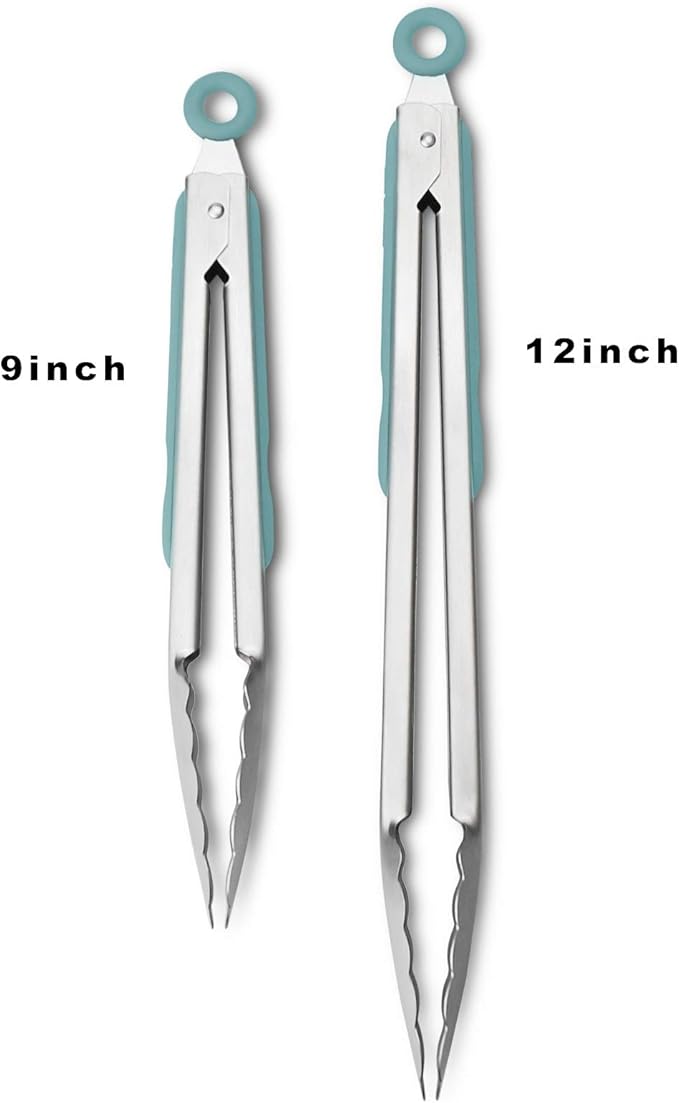Premium 304 Stainless Steel Tongs Set – 12" Grill Tongs & 9" Cooking Tongs, Heat Resistant up to 600°F, Wavy Grip Head, Non‑Slip Handle with Locking Clip & Hanging Loop, Dishwasher Safe, Aqua Sky