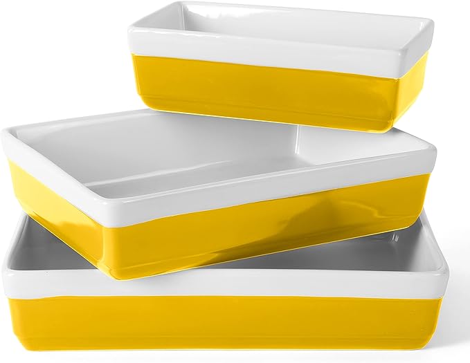 MARTHA STEWART 3-Piece Oven to Table Stoneware Bakeware Set – Baking Dish & Casserole Set – Yellow – Durable Oven-Safe Bakeware for Baking and Serving