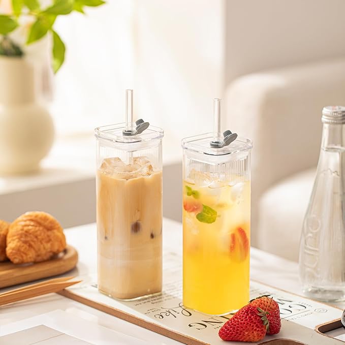 6PCS Pink Square Drinking Glass Cups, 17 Oz Modern Glassware with Lids & Straws - Old Fashioned Cocktail Glasses for Juice, Iced Coffee, Bubble Tea, Party Drinkware