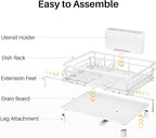 SNTD Dish Drying Rack - Extendable Dish Rack, Large Sink Drying Dish Drainer for Kitchen Counter, Stainless Steel Dish Strainer with Utensil Holder (White)