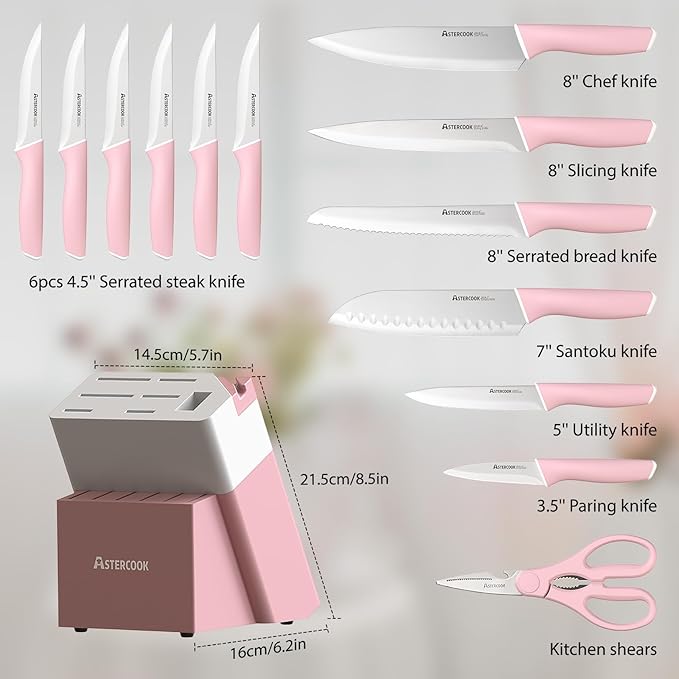 Astercook Knife Set, Kitchen Knives Set with Block and Sharpener 15 Pcs German Stainless Steel Knives Sharp Blade Dishwasher Safe Deba Knives with Ergonomic Handle, Crystal Pink