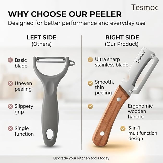 Multifunctional Fruit and Vegetable Peeler,Premium Stainless Steel Blade,Wooden Handle Hand Tool with Bottle Opener,Julienne Peeler for Potato,Cucumber,Orange,Pineapple,Veggie (4)