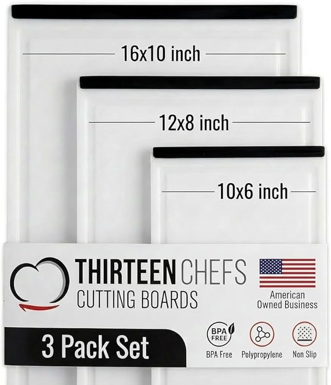 Thirteen Chefs Non Slip Cutting Board 3 Pack Set for Kitchens with Groove - BPA Free and Dishwasher Safe with 16, 12 and 10 Inch Sizes