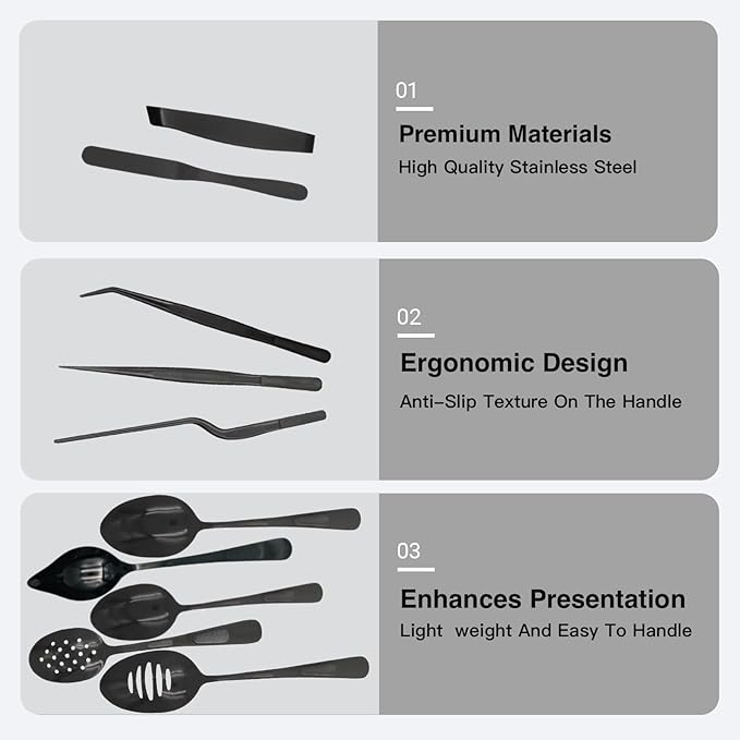Professional Chef Tools | Plating Tools Culinary Set | Piece Culinary Tool Set | Premium Stainless Steel Chef's Plating Tool Set | Kitchen Tweezers & Fish tongs & Spatula & Slotted Spoon (Black) (10)