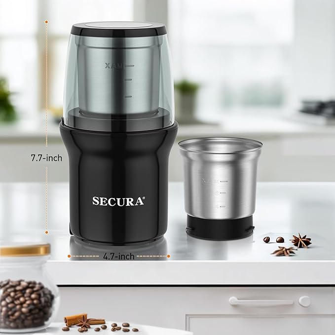 Secura Electric Coffee Grinder, Press Control Spice Grinder for Coffee Bean Seeds Herbs with 2 Stainless Steel Blades Removable Bowls, Black