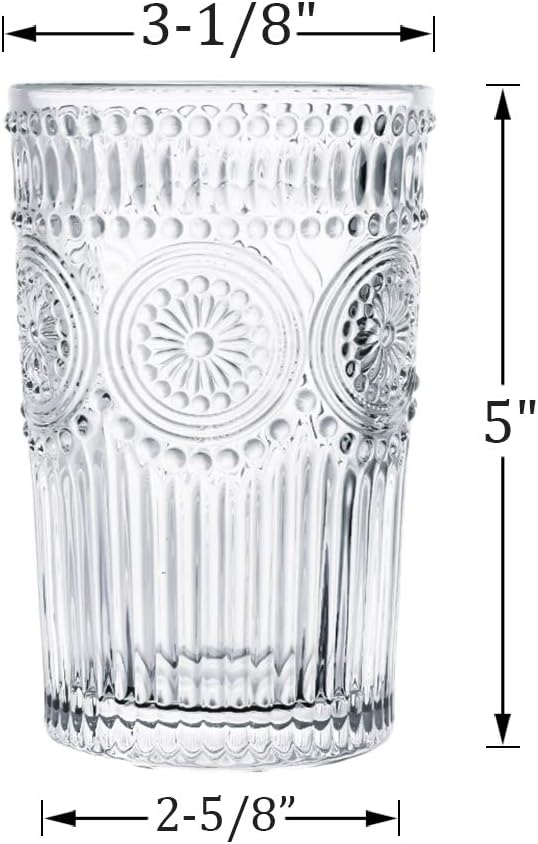 Kingrol Embossed Vintage Drinking Glasses Set of 6, 12 oz Textured Glass Tumblers, Clear Retro Water Glasses for Iced Coffee, Juice, Cocktails & Everyday Use