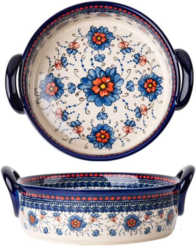 Blue and Orange Flower Vintage Style Ceramic Bakeware Casserole Lasagna Pans Baking Dish with Handles for Oven/Cooking/Kitchen-1 PCS-32 OZ