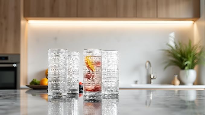 Glaver's Highball Drinking Glasses, 10.82 oz Sleek Hobnail Textured Glassware Modern Tall Tumblers set of 4 Iced Coffee Glasses, Highball Cocktail Set, Dishwasher Safe, Housewarming Gift Set