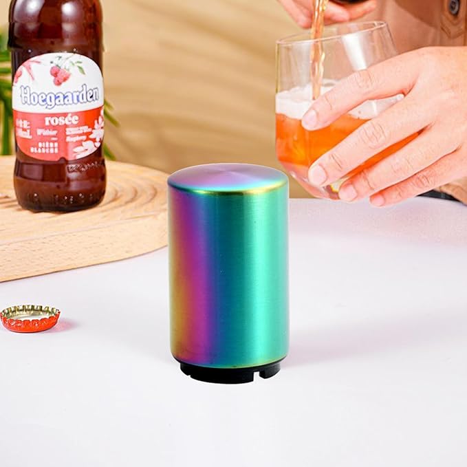 Beer Bottle Opener Destapadores de Cerveza Automatic Bottle Opener Bottle Cap Opener, Down-Pop Off Beer Bottle Opener with Magnetic Cap Catcher, Cool Bartender Tools, Men Beer Gift （Color）