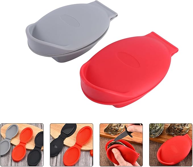 2pcs Oyster Shucking Tool and Holder Set, Silicone Hand Protective Clips, Kitchen Gadget for Safe Oyster Opening, Gray and Red, Seafood Specialty Tool for Home and Outdoor Use