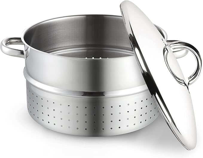 Cook N Home Basics Canning Juice Steamer Extractor With water/cooking pan, juice pan, strainer/loading pan, lid, and hose with clamp , 11-Quart, Mirror Satin, Stainless Steel