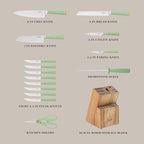 Martha Stewart 16-Piece Lockton High Carbon Stainless Steel Knife Block Set - Forged Full Tang Chef Knives, Acacia Wood Block, Triple Riveted Handles, Sage Green & Gold