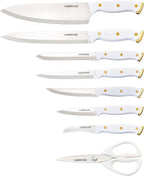 Farberware 14-Piece Knife Block Set, White and Gold – Razor-Sharp, High-Carbon Stainless Steel, Triple-Riveted, Ergonomic Handles, Stylish Wood Block
