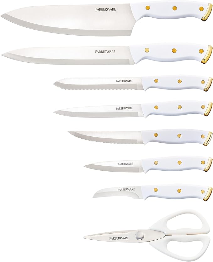 Farberware 14-Piece Knife Block Set, White and Gold – Razor-Sharp, High-Carbon Stainless Steel, Triple-Riveted, Ergonomic Handles, Stylish Wood Block