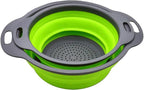 Collapsible Colander, Set of 2 Pcs Collapsible Strainer, Space-Saving Kitchen, Food-Grade Silicone Folding Strainer Colander with Handle, Green