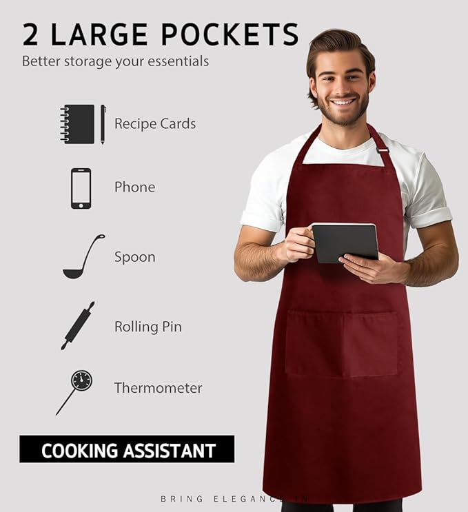 Syntus Apron for Men Women, Adjustable Cooking Kitchen Chef Aprons with 2 Pockets, Cotton/Polycotton/Polyester