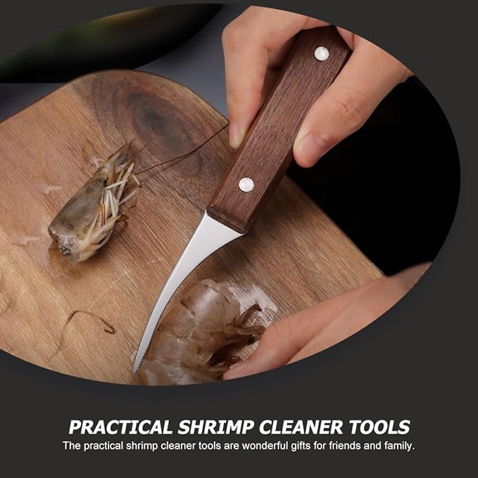 BESPORTBLE Stainless Steel Shrimp Peeler and Deveiner Set with Wood Handles 4 Shrimp Knives and 1 Shell Clipper Seafood Tool and Deveining Kitchen Specialty Gadgets 5pcs