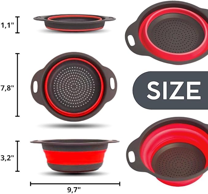 Round Collapsible Colander with Plastic Handles Round Silicone Kitchen Strainers Foldable Kitchen Strainer Perfect for Draining Pasta Vegetable and Fruit Red