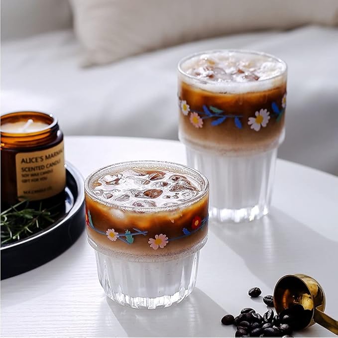 Set of 2 Floral Drinking Glasses Flower Glass Coffee Cups Cute Daisy Glass Cups for Juice,Iced Coffee,Tea,Latte,Dessert,Milk,Stackable Glassware Drinkware Set ﻿(blue1)