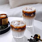 Set of 2 Floral Drinking Glasses Flower Glass Coffee Cups Cute Daisy Glass Cups for Juice,Iced Coffee,Tea,Latte,Dessert,Milk,Stackable Glassware Drinkware Set ﻿(blue1)