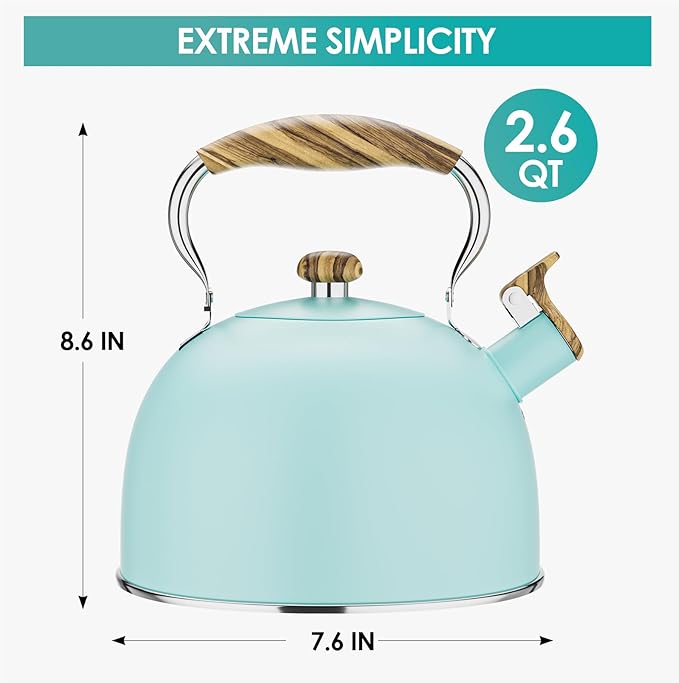 2.6 Quart Tea Kettle Stovetop Whistling for Stove Top, Food Grade Stainless Steel Tea Kettles with Cool Wood Pattern Handle, Blue