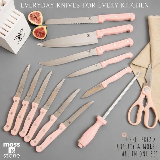 Moss & Stone Pink 14 Pcs Knife Block Set Stainless Steel, Premium Forged Kitchen Knives Set with High-Carbon Blades, Ergonomic Handle, Sharp Blade, Rust Resistant, Modern Style for Home & Chef