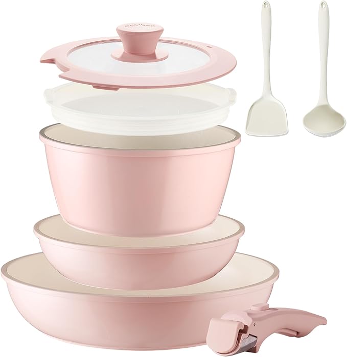 BECIGAR 8PCS Ceramic Cookware,Nonstick Ceramic Pan, Removable Handle Pots and Pans Set, Stackable Pan Set, Nonstick Pots and Pans Set Non Stick pot(Pink)