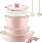 BECIGAR 8PCS Ceramic Cookware,Nonstick Ceramic Pan, Removable Handle Pots and Pans Set, Stackable Pan Set, Nonstick Pots and Pans Set Non Stick pot(Pink)