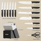 Astercook Knife Set, Kitchen Knives with Block and Sharpener 15 Pcs German Stainless Steel Knives Sharp Blade Dishwasher Safe Deba Knives with Ergonomic Handle, Elegant Black