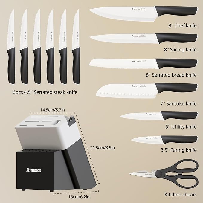 Astercook Knife Set, Kitchen Knives with Block and Sharpener 15 Pcs German Stainless Steel Knives Sharp Blade Dishwasher Safe Deba Knives with Ergonomic Handle, Elegant Black
