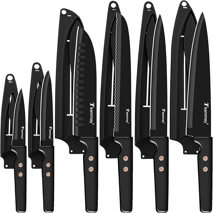 12-Piece Kitchen Knife Set, Stainless Steel Knives with Non-Stick Coating, Dishwasher Safe, Black Knife Set with Rose Gold Rivets 6 Blade Guards, Perfect for Home Chefs Cooking Enthusiasts