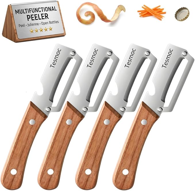 Multifunctional Fruit and Vegetable Peeler,Premium Stainless Steel Blade,Wooden Handle Hand Tool with Bottle Opener,Julienne Peeler for Potato,Cucumber,Orange,Pineapple,Veggie (4)