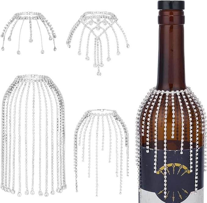 OLYCRAFT 4Pcs 4 Styles Rhinestone Wine Bottle Decoration Jewel Tassel Wines Bottle Short Veil 4.7 Inch Rhinestone Tassel Wine Bottles Pendant Wines Bottles Cork Charms for Party Wedding Decor