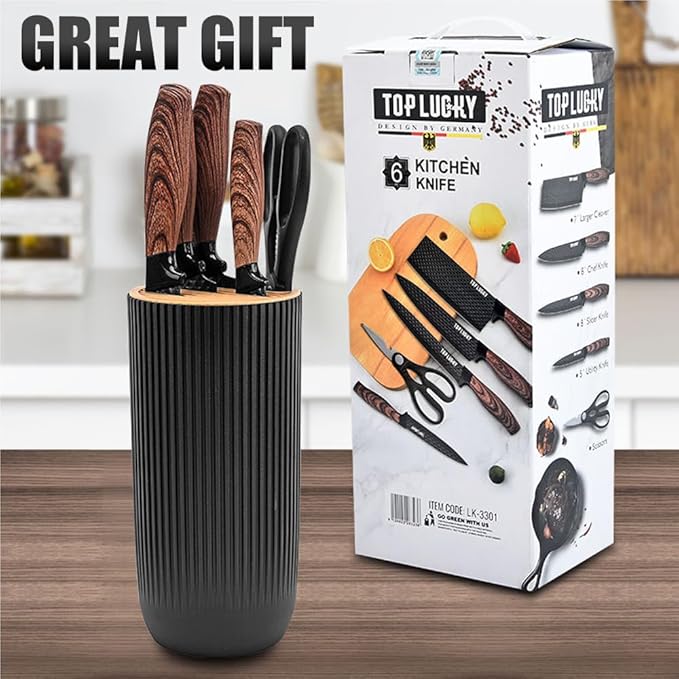 Knife Set, Wiztoynia 6-Piece Black Kitchen Knife Set for Home, Anti-Rust Non-stick Stainless Steel Sharp Chef Knife Set with Universal Knife Block for Kitchen, Ergonomical Design (Black)