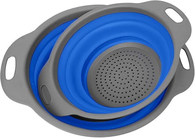 Collapsible Colander, Set of 2 PCS Collapsible Strainer, Space-Saving Kitchen, Food-Grade Silicone Folding Strainer Colander with Handle (Blue)